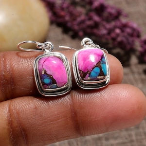 Handmade Pink Spiny Oyster Turquoise Stud Earrings: 925 Sterling Silver