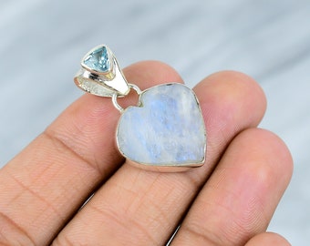 Rainbow Moonstone Pendant-925 Sterling Silver- Moonstone Gemstone-Blue Topaz Jewelry-Moonstone Silver Jewelry-Christmas Gift-Gift For Her