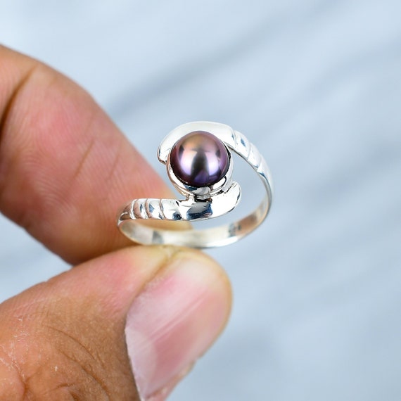 Anillo de perla negra, perla natural, anillo de plata de ley 925, anillo de  piedra natal de junio, piedra preciosa de corte redondo, regalo de