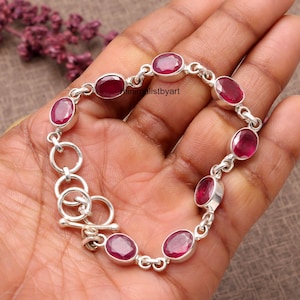 Ruby Bracelet, 925 Sterling Silver Bracelet, Oval Gemstone Bracelet, Minimalist Silver Jewelry, Boho Handmade Bracelet, Anniversary Gifts