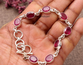 Ovalt rubinarmband, 925 sterlingsilver, handgjorda bohemiska smycken