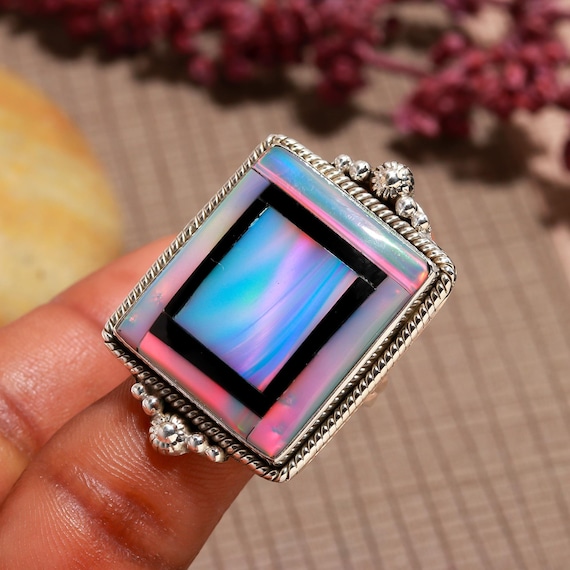 Handmade Aurora Opal Ring: 925 Sterling Silver Gemstone Ring