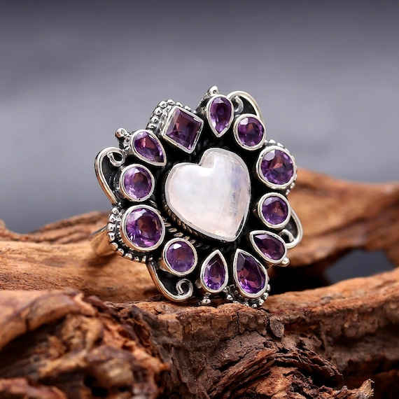 Rainbow Moonstone Amethyst Gemstone Ring, Statement Ring, 925