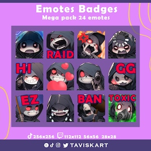 Shinigami emotes, twitch emotes, discord emotes, reaper emotes, chibi emote, text emotes, death emote, Tiktok emotes, Twitch sub emotes
