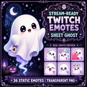 Könnte beinhalten: Ein digitales Grafikset mit einem weißen Bettlaken-Geist mit großen schwarzen Augen und einer lila Schleife. Der Text lautet STREAM-READY TWITCH EMOTES SHEET GHOST, REAL EMOTE PREVIEW und 36 STATIC EMOTES | TRANSPARENT PNG, mit sechs kleinen Varianten.