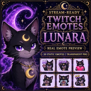 30 Emote del gatto nero di Lunara + Immagine del profilo per Twitch e Discord