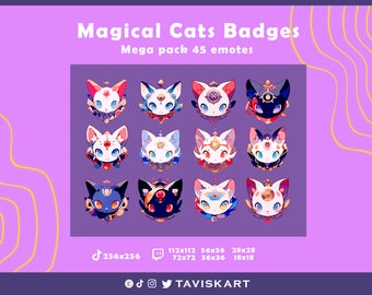 May include: A set of 12 digital cat badges in various poses and colors. The badges are designed in a cartoon style with large eyes and a whimsical expression. The text "Magical Cats Badges" and "Mega pack 45 emotes" is displayed above the badges. The text "256x256", "112x112 56x56 28x28", "72x72 36x36 18x18" and "TAVISKART" is displayed below the badges.