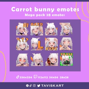 Carrot bunny emotes 28 mega pack for your Twitch | Discord | Tiktok | YouTube | Streaming | Cute rabbit Emoji Emote Pack