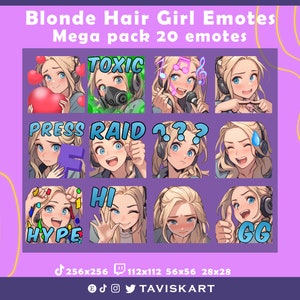 Twitch emotes fille aux cheveux blonds, yeux bleus, pack d'émotes anime pour Discord | Tiktok | YouTube | Diffusion | Emoji, pack d'émotes Streamer Girl