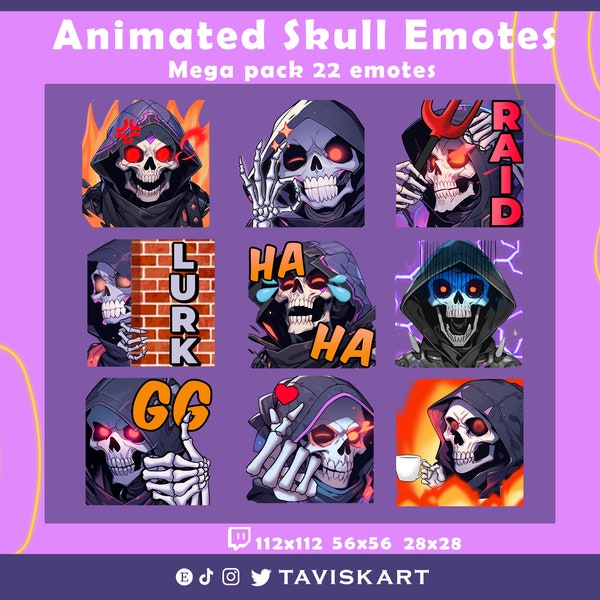 Animated emotes, twitch emotes, discord emotes, death emotes, skull text emote, raid emote, lurk emote, gg twitch emote.