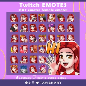 Girl Twitch 60 emotes pack, ( Emma | Wavy Hairstyle | Red Hair Color ) female twitch emotes, Twitch / Discord / YouTube / Tiktok / Streamer