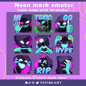 Twitch emotes, twitch sub emotes, text emotes, neon mask emotes, neon twitch emote, neon emotes, cute emote, discord emotes, tiktok emotes