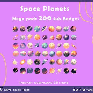 Planets sub badges, twitch space badges, twitch sub badges, galaxy sub badges, twitch bit badges, astronomy sub badges, twitch graphics.
