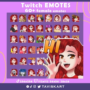 Girl Twitch 60 emotes pack, ( Emma | Curvy Hairstyle | Red Hair Color ) female twitch emotes, Twitch / Discord / YouTube / Tiktok / Streamer