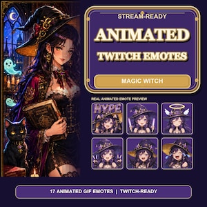 Könnte beinhalten: Eine digitale Grafik mit einer Hexe mit langem dunklem Haar, einem spitzen Hut und einer schwarzen Katze, sowie dem Text STREAM-READY ANIMATED TWITCH EMOTES MAGIC WITCH. Enthält sechs kleine Vorschaubilder von animierten Twitch-Emotes.