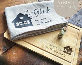 Set zum Einzug // Geschenk zum Einzug // Holzbrett // Geschirrtuch zum Einzug / Richtfest / Geschenkset / Hausbau / Eigenheim