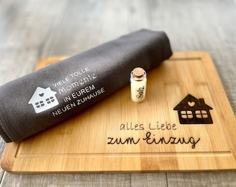 Set zum Einzug // Geschenk zum Einzug // Holzbrett // Geschirrtuch zum Einzug / Richtfest / Geschenkset / Hausbau / Eigenheim