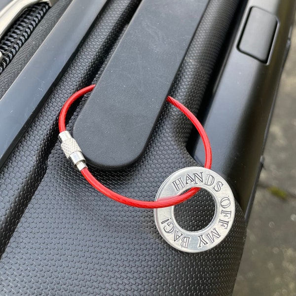 HANDS OFF My Bag! -travel tag wire keyring -hand metal stamped bag tag -your choice of colour -perfect gift for travel lover -luggage tag