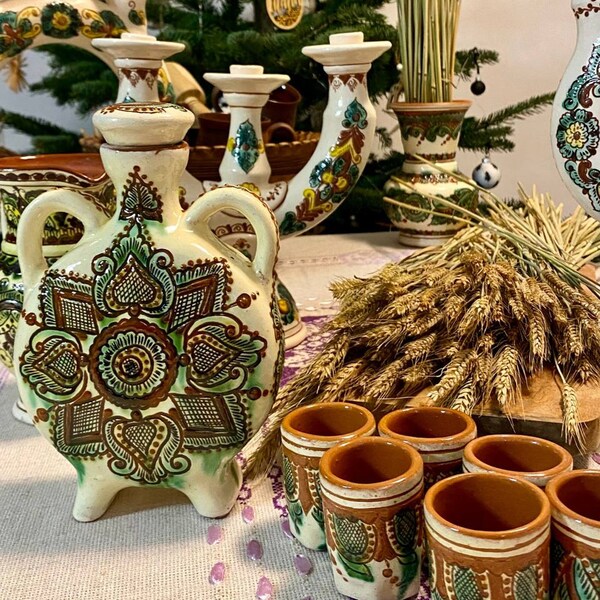 Hutsul Traditional Painted Alcohol set, 7 pcs / Ukrainian Ethno Pottery Serving Kumanec, Pottery Serving Glass, Ukrainian Art, Home Decor