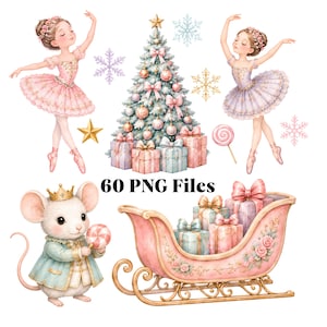 Puede incluir: Un conjunto de ilustraciones digitales con dos bailarinas en tutús rosa y lavanda, un árbol de Navidad decorado con regalos, un ratón con corona y abrigo sosteniendo una piruleta, y un trineo rosa lleno de regalos. El texto dice 60 PNG Files.