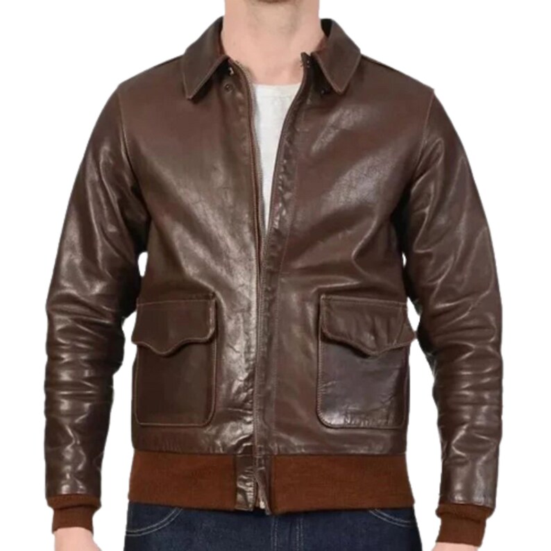 Flight Bomber Jacket Men Brown A2 Leather Jackets Genuine Etsy