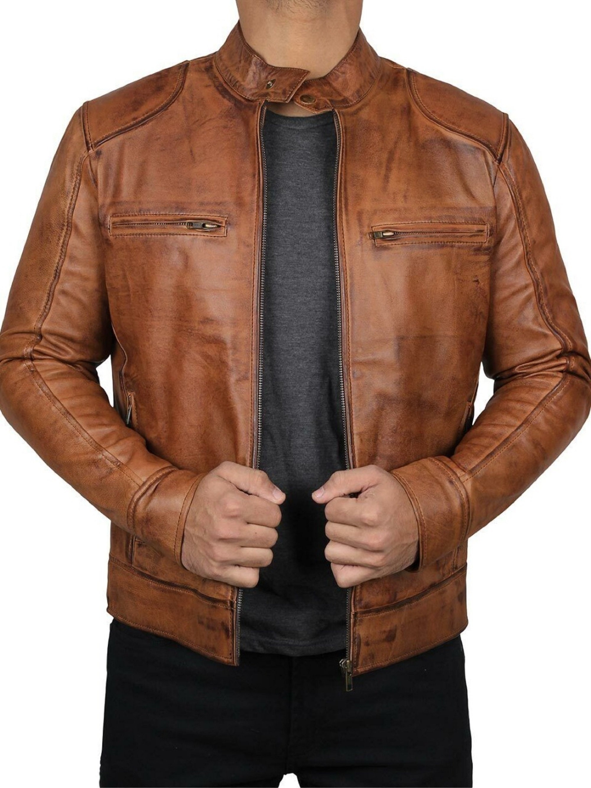 Men's Motorcycle Distressed Leather Jacket Brown Vintage - Etsy