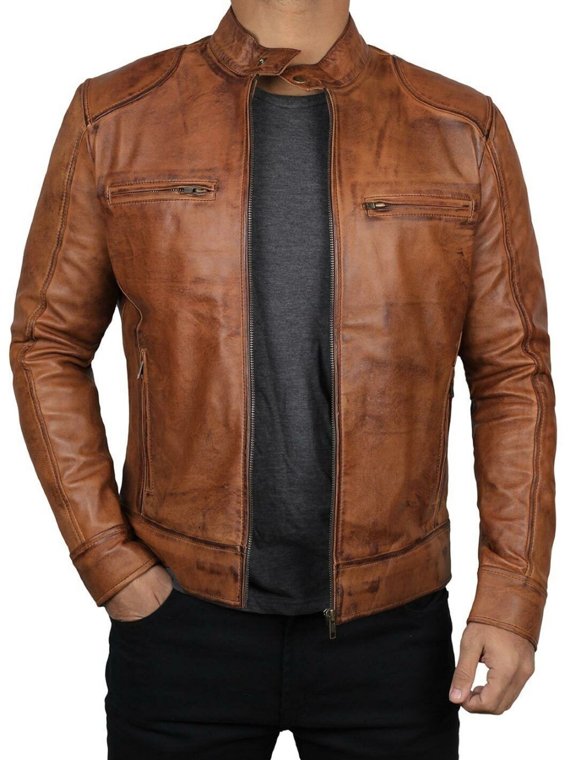 Men's Motorcycle Distressed Leather Jacket Brown Vintage - Etsy