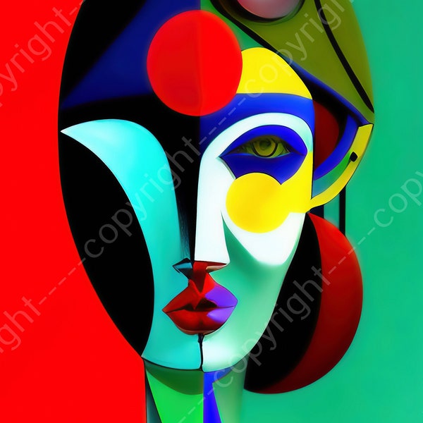 John Joseb Art | Peinture sur toile ou poster - Femme, style Picasso, cubisme, abstrait, art, vert, rouge, jaune, bleu