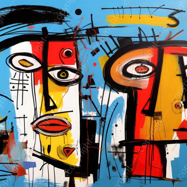 John Joseb Art | Canvas schilderij of poster - Man vrouw en hond, abstract, kleurrijk, felle kleuren, kunst | dier, bruin, rood, blauw