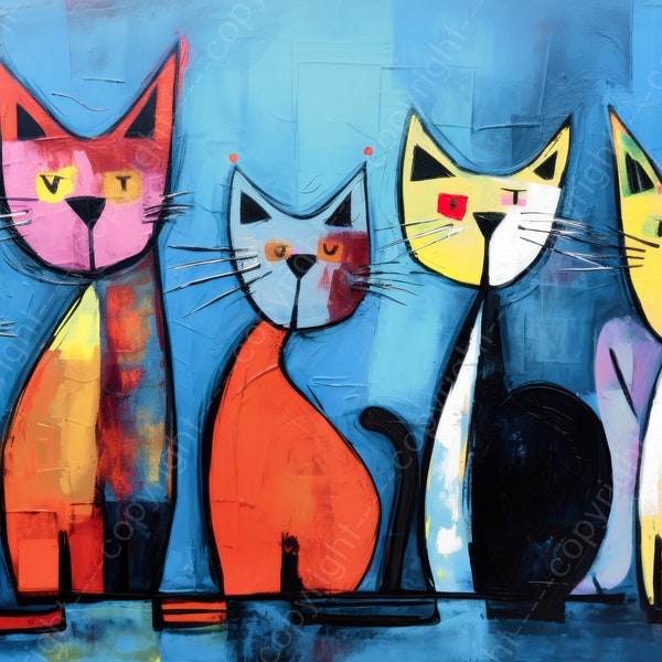 Jean Joseb Art | Peinture sur toile ou affiche - 5 Chats, abstrait dans le surréalisme moderne, art, couleurs vives | animal, chat, chat