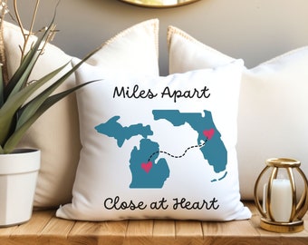 Personalized Long Distance Pillow, Gift For Family Members, Two State Pillow, Custom Throw Pillow, Moving Away Gift, Best Friends Gift