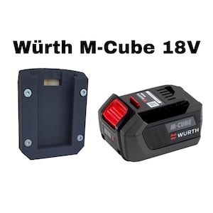 Könnte beinhalten: Schwarzer und roter Würth M-Cube 18V Elektrowerkzeug-Akku und eine schwarze Halterung. Der Akku hat einen roten Entriegelungsknopf. Die Halterung hat vier Schrauben.