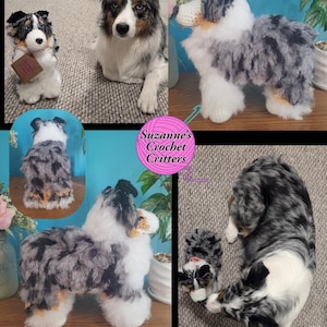Puede incluir: Varias fotos de un perro pastor australiano tejido a ganchillo, blanco, gris y negro, con una textura esponjosa, y un perro real de la misma raza. La imagen incluye el texto "Suzanne's Crochet Critters".