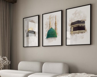 3x Islam Poster Set - Watercolor - Islamic Wall Art - Islamic Wall Art - Art Prints - Wall Decoration - Pictures Living Room - Kaaba Aqsa Nabawi