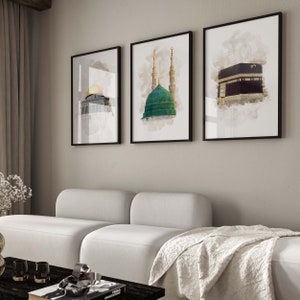 3x Islam Poster Set - Watercolor - Islamic Wall Pictures - Islamic Wall Art - Art Prints - Wall Decoration - Pictures Living Room - Kaaba Aqsa Nabawi