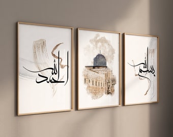 3x Islam Poster Set - bismillah, al aqsa, alhamdulillah - Islamic Wall Art - Art Prints - Wall Decoration Pictures Living Room