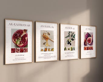 Set de 4 pósteres de arte islámico: versículos del Corán, higuera, olivo y granada. Arte mural islámico, caligrafía. Decoración para la cocina. Papel de alta calidad.