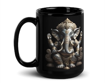Black Ganesha Mug, Hindu Elephant God, Ceramic Coffee Cup