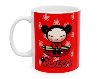 Pucca Anime Ceramic Mug – Glossy White, Dishwasher Safe