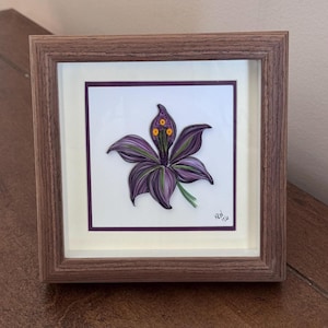 Può includere: Un'opera d'arte in quilling incorniciata raffigurante un fiore viola stilizzato con accenti verdi e gialli. L'opera è ambientata su uno sfondo bianco con un bordo viola, racchiusa in una cornice di legno marrone.