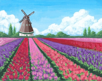 Moulin à vent dans la peinture de paysage acrylique de champ de tulipe