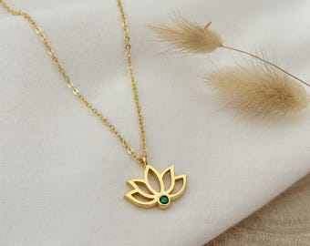 Gold Lotus Necklace with Birthstone – Minimalist Lotus Flower Pendant, Dainty Yoga Jewelry, Meaningful Gift for Her, Spiritual Necklace