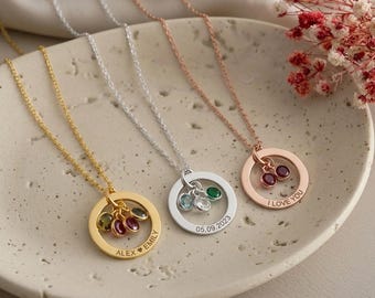 Personalized Circle Birthstone Necklace – Custom Name Ring Pendant with Birthstones – Engraved Family Necklace Gift for Mom, Wife, Her