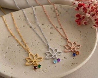 Dangling Birthstone Lotus Necklace, Personalized Lotus Necklace, Birthstone Jewelry, Spiritual Gift, Yoga Necklace