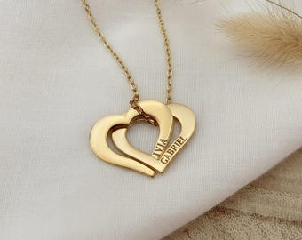 Custom Interlocking Double Heart Necklace with Names – Personalized Couples Necklace, Gold Heart Pendant, Anniversary Gift for Her