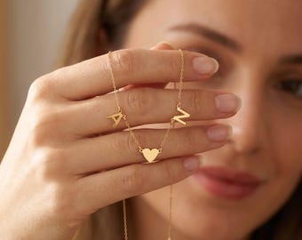Custom Initial Necklace With Heart, Personalized Letter Pendant, Dainty Heart Necklace, Birthday Gift For Women