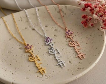 Floral Name Necklace, Personalized Birth Flower Jewelry, Custom Name Necklace For Women, Birthday Gift