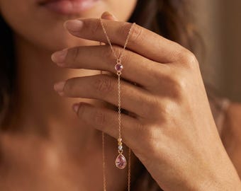 Dainty Drop Stone Necklace, Teardrop Pendant Necklace, Minimalist Y Necklace, Birthstone Necklace, Bridesmaid Gift