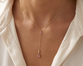 Personalized Birthstone Drop Necklace, Dainty Y Necklace, Teardrop Crystal Pendant, Minimal Jewelry Gift for Women