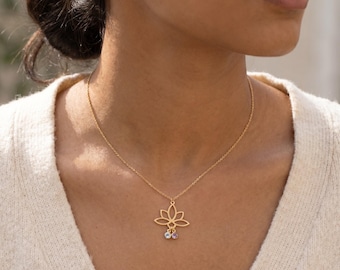 Lotus Birthstone Pendant Necklace, Yoga Jewelry, Meditation Necklace, Chakra Gift, Spiritual Lotus Jewelry